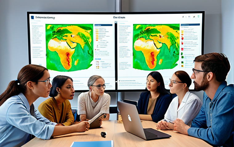 **
A diverse group of researchers (different ages, ethnicities, genders) huddled around a digital screen displaying complex data visualizations related to climate change. The setting is a modern, collaborative workspace. Emphasis on the energy of shared discovery and diverse perspectives.
**